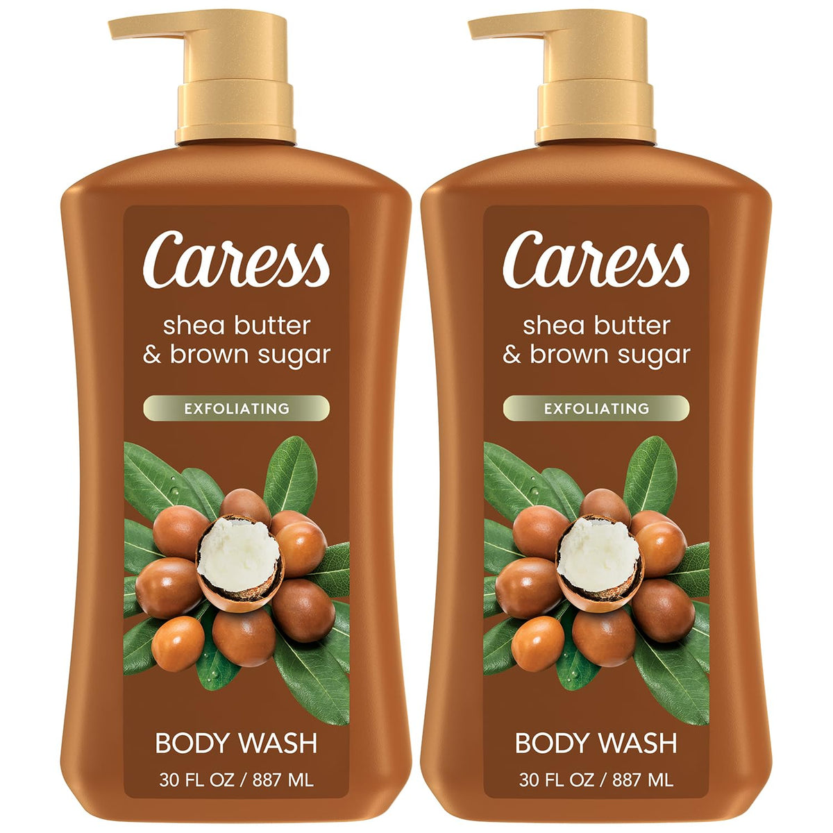 Caress gel de ducha frente al empaque, paquete de 2, piel suave y aroma envolvente.
