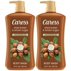 Caress gel de ducha frente al empaque, paquete de 2, piel suave y aroma envolvente.