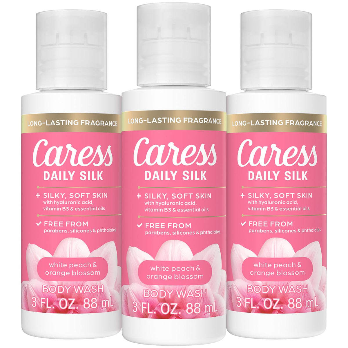 Caress Travel Body Wash Daily Silk en bote de 3oz, ideal para viajes y piel suave.