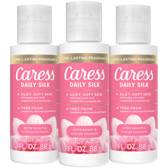 Caress Travel Body Wash Daily Silk en bote de 3oz, ideal para viajes y piel suave.