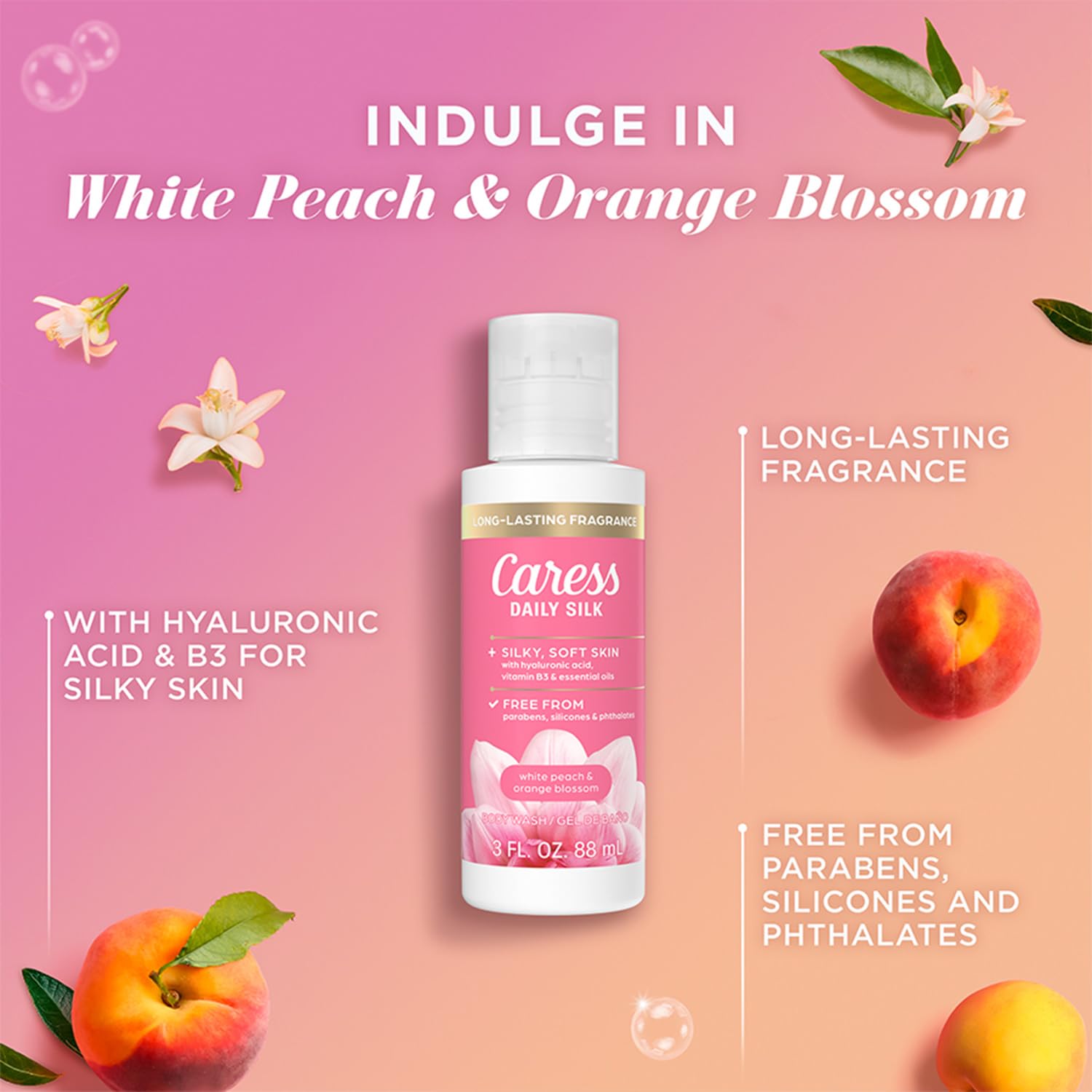 Caress Travel Body Wash fragancia azahar para un momento de relajación.