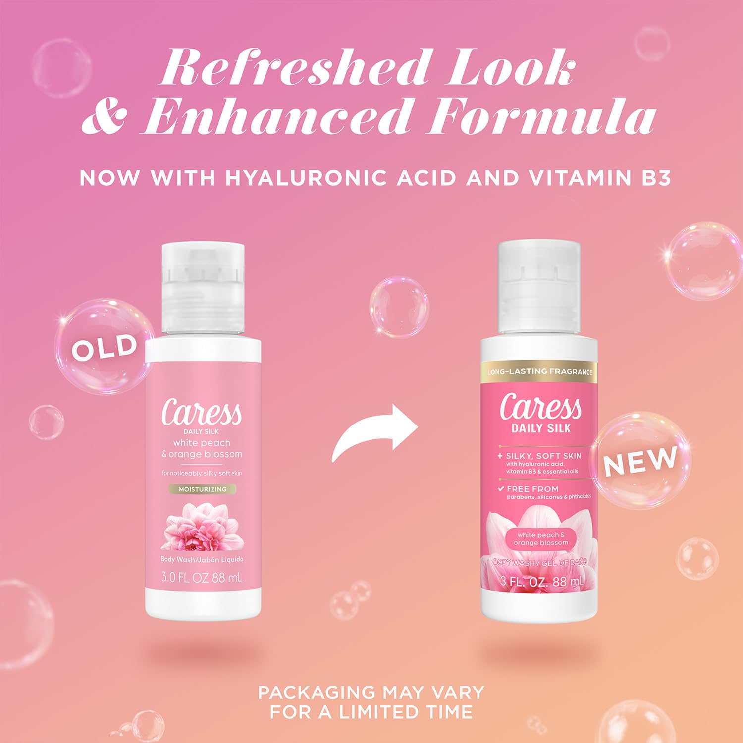 Caress Travel Wash sin parabenos ni ftalatos, fórmula suave para la piel.