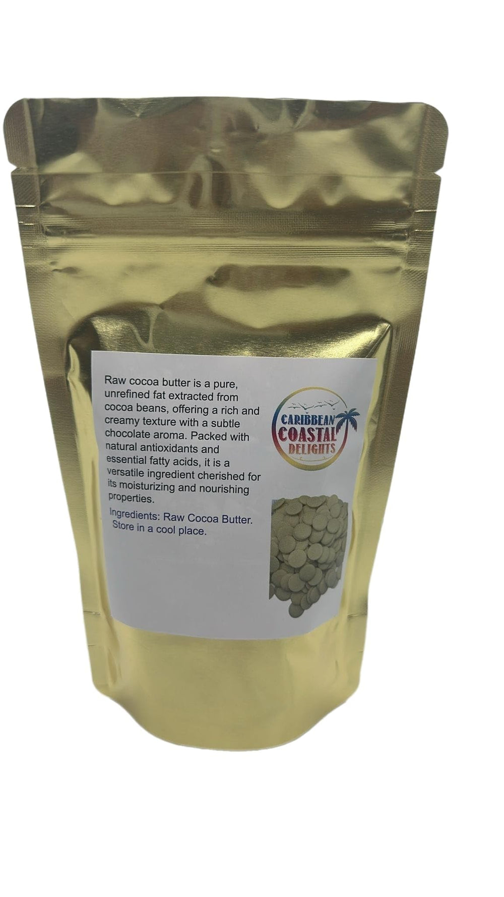 Caribbean Coastal Delights presentación 2oz de manteca de cacao cruda para uso cosmético diario