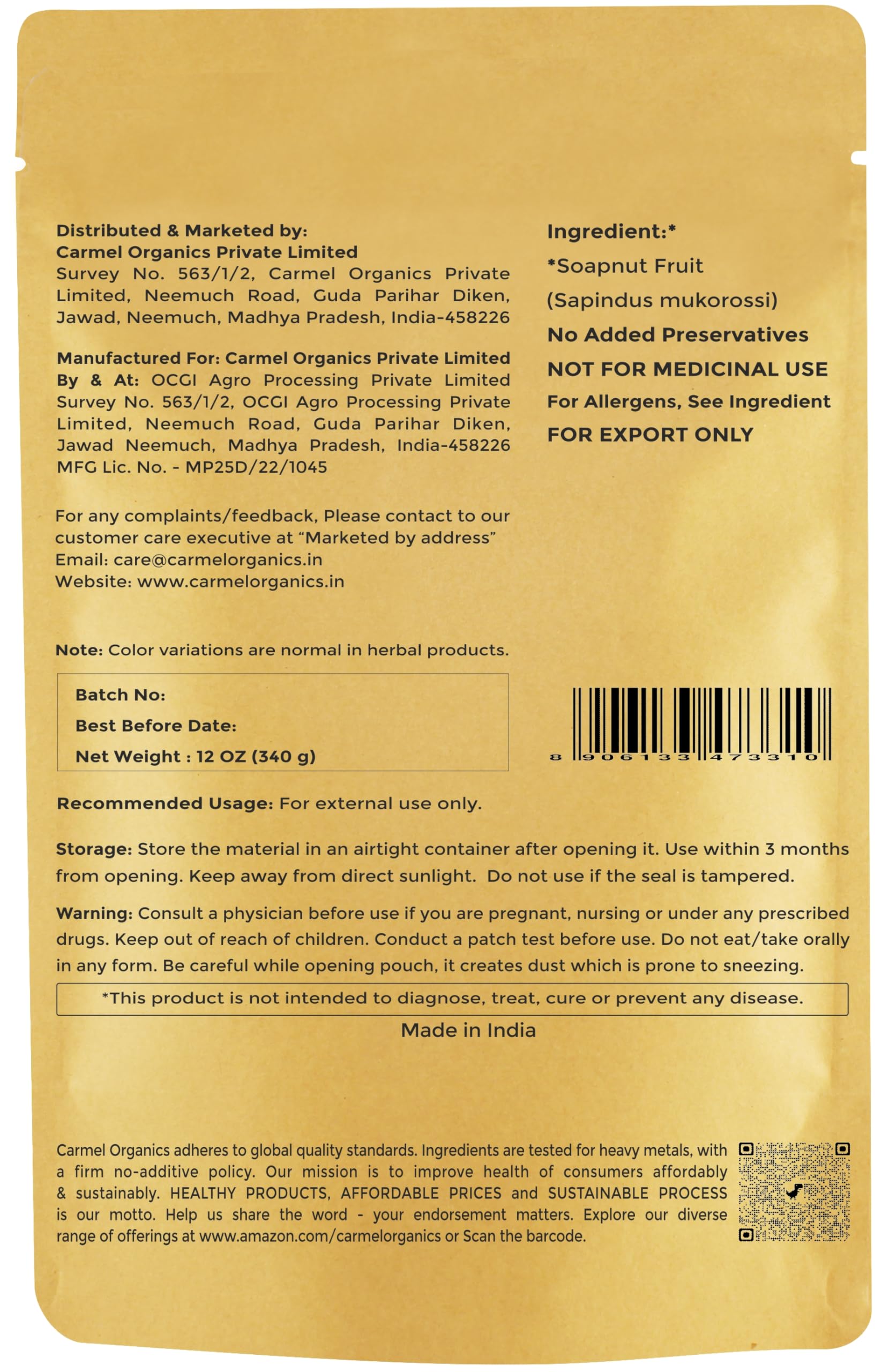 Carmel Organics reetha para cabello, champú natural y limpieza suave.