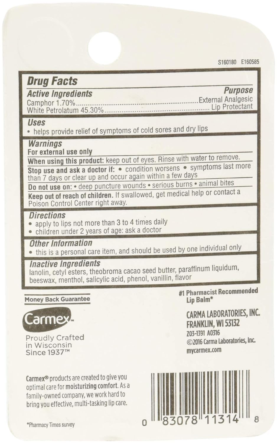Carmex bálsamo labial en tubo, formato dosificador para control de aplicación.