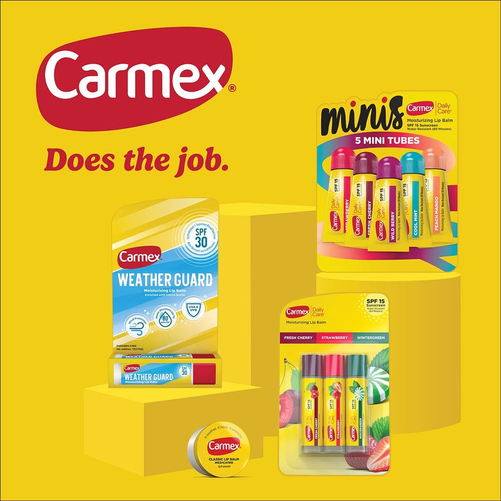Bálsamo Carmex Cuidado Diario Stick cereza fresca para hidratación duradera.
