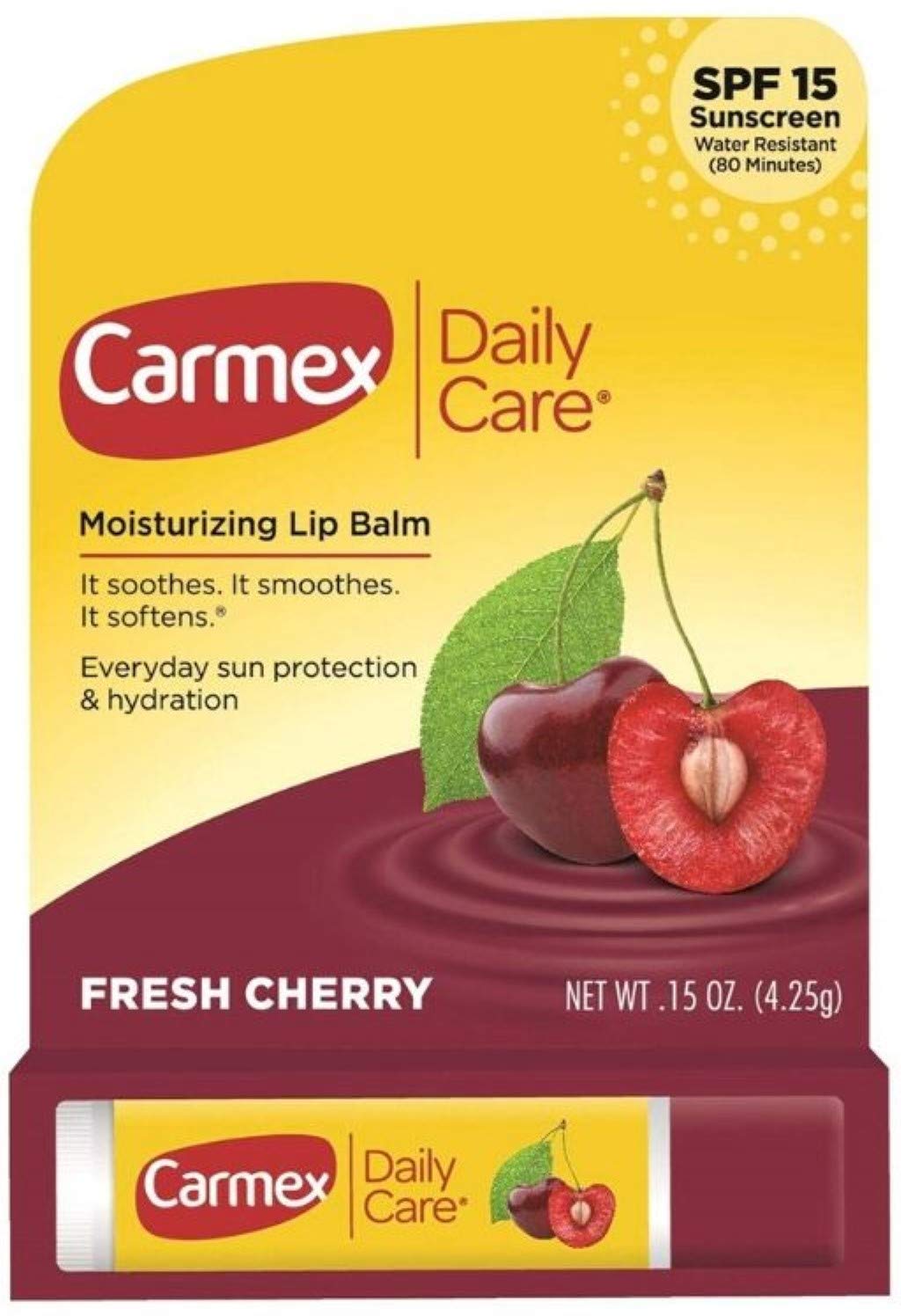 Bálsamo Carmex Stick Cereza SPF 15, dos unidades, hidratación y protección para labios.
