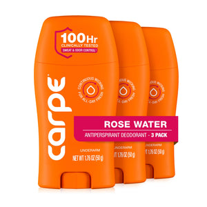 Carpe antitranspirante para axilas, botella con aroma a agua de rosas, ofrece control del sudor.