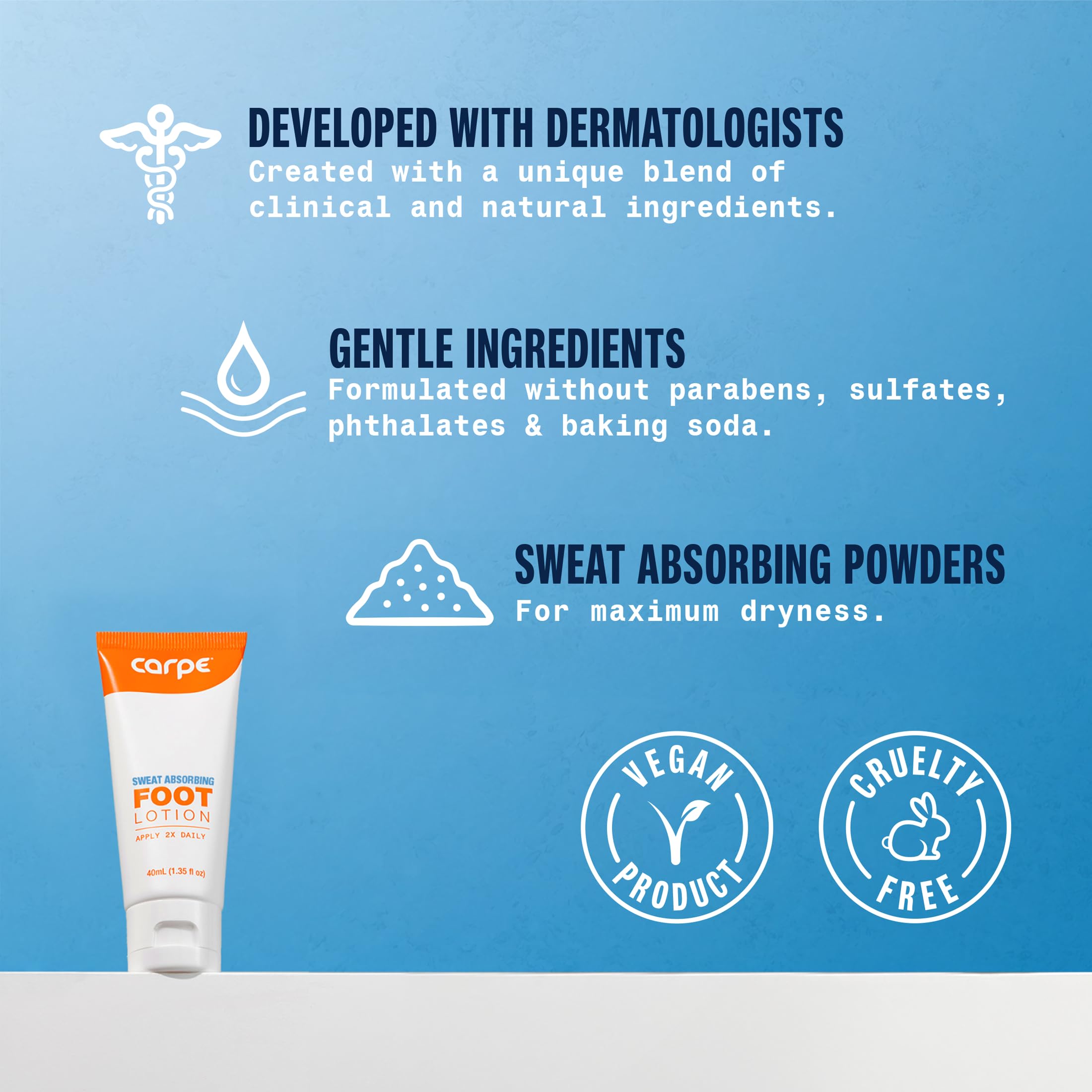 Close-up of Carpe sweat-absorbing foot lotion showing quick-dry, non-greasy formula for fresh feet.