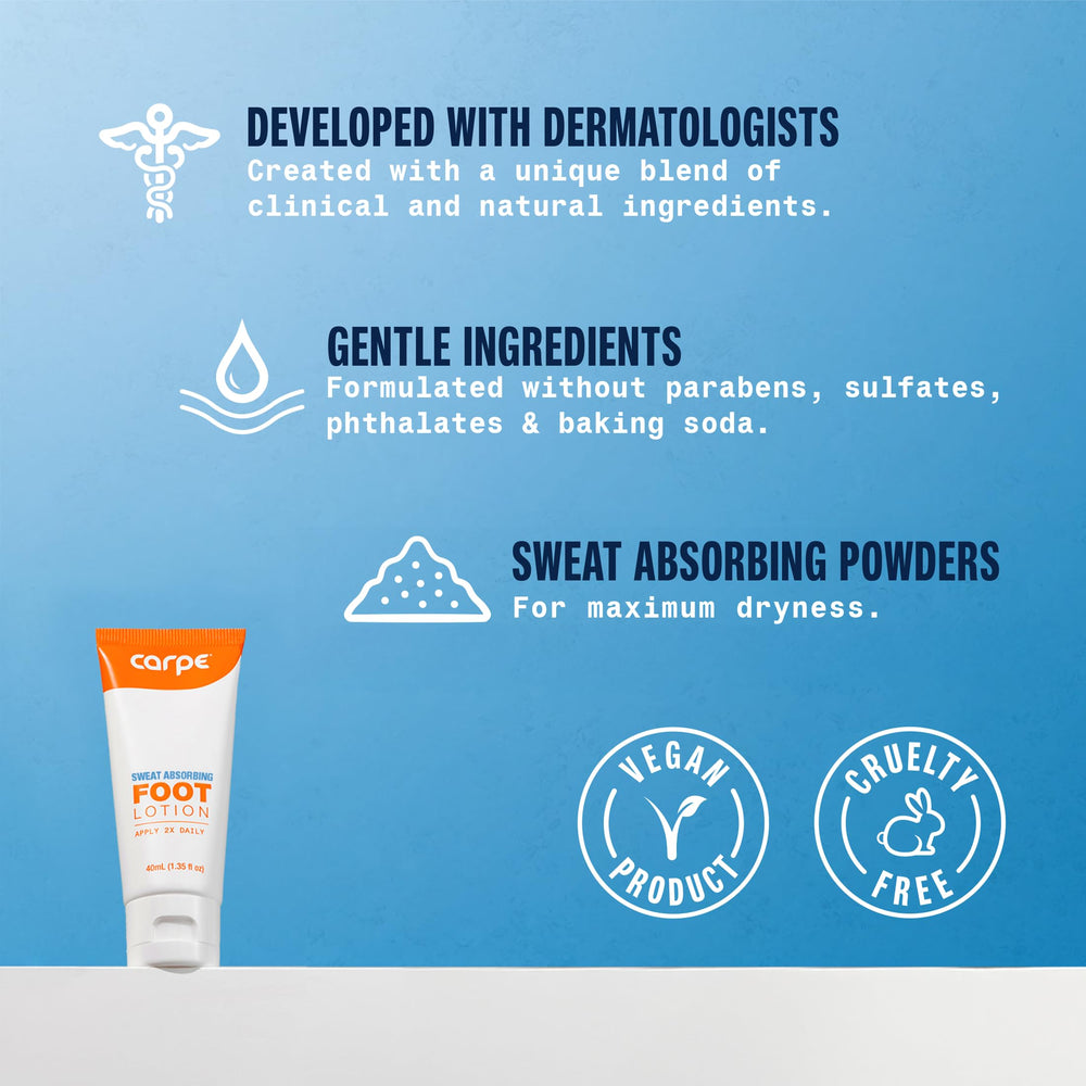 Close-up of Carpe sweat-absorbing foot lotion showing quick-dry, non-greasy formula for fresh feet.