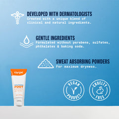 Close-up of Carpe sweat-absorbing foot lotion showing quick-dry, non-greasy formula for fresh feet.