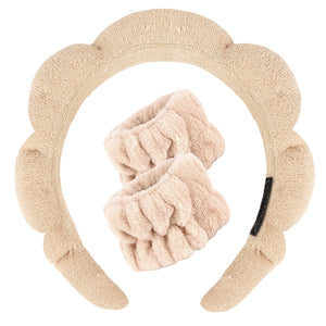 CAVETEE diadema beige, vista lateral, tela suave para lavado facial y cuidado diario