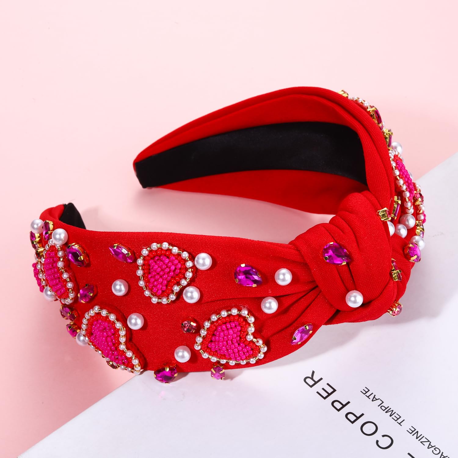 Diadema CEALXHENY rojo corazón con perlas para regalos de San Valentín.