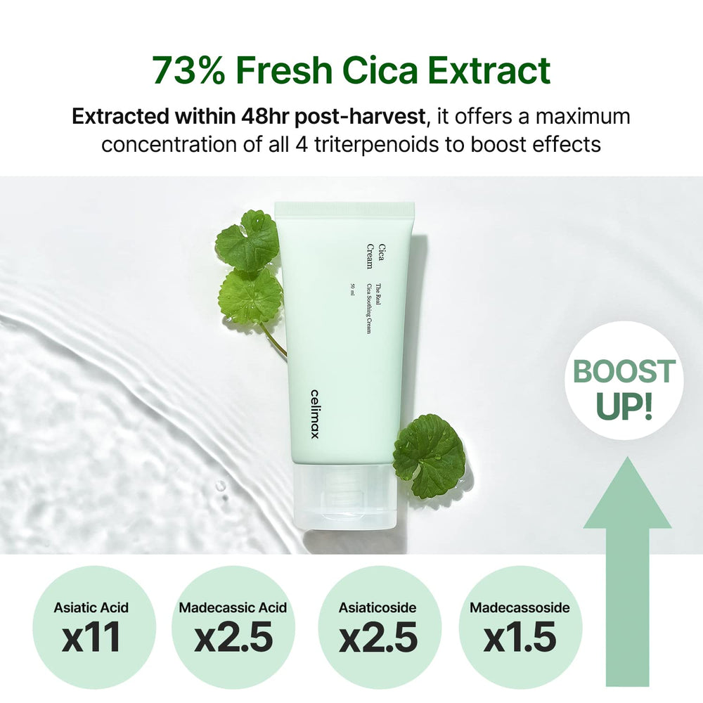Celimax The Real Cica Soothing Cream aplicación suave sobre la cara para hidratación ligera.