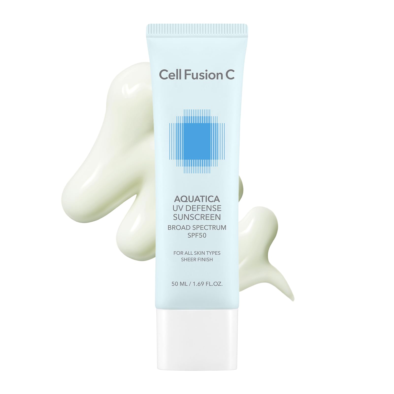 Cell Fusion C Aquatica UV Defense SPF 50, botella para protección diaria sin residuo blanco.