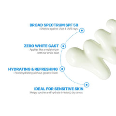 Aquatica UV Defense SPF 50 sin residuo blanco para maquillaje suave.