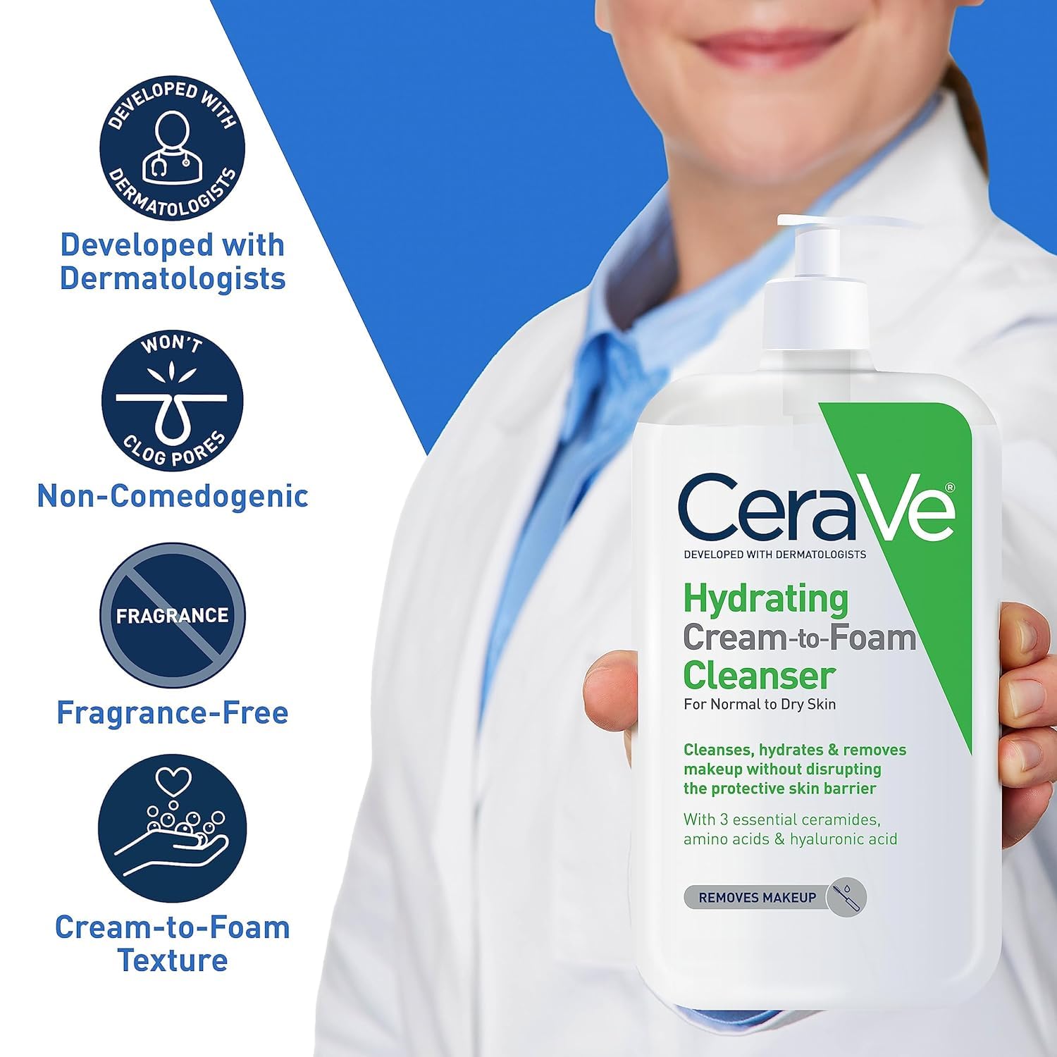 CeraVe limpiador hidratante crema-espuma aplicación en la mano para medir la dosis.