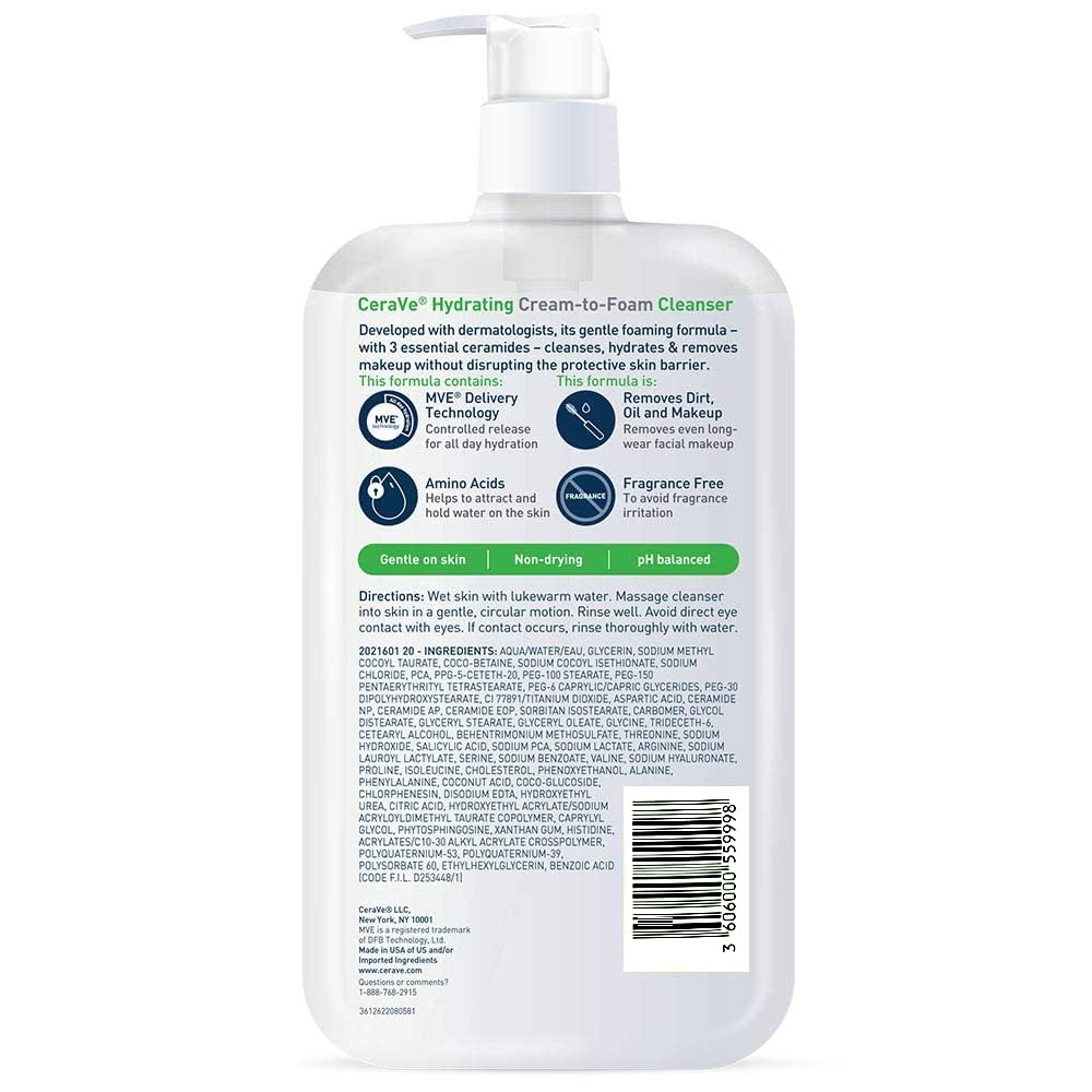 CeraVe limpiador hidratante crema-espuma uso diario para piel limpia y fresca.
