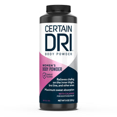 Certain Dri Polvo Corporal, botella frontal, absorbe sudor para mayor comodidad diaria.