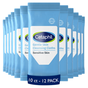 Toallitas Cetaphil para limpieza facial y corporal, suaves para piel sensible.