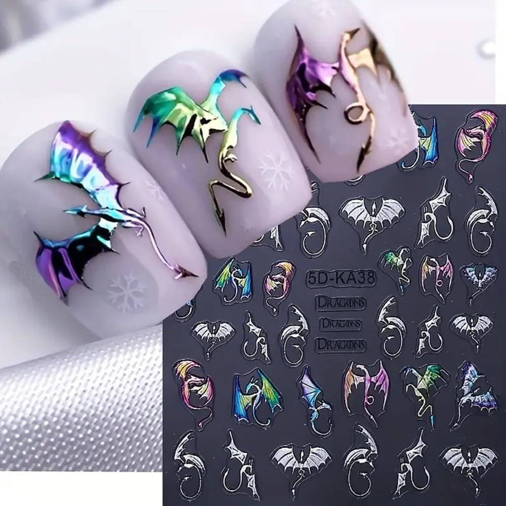 CEWEWP pegatinas 5D murciélago-dragón volador para uñas, brillo plateado seguro.
