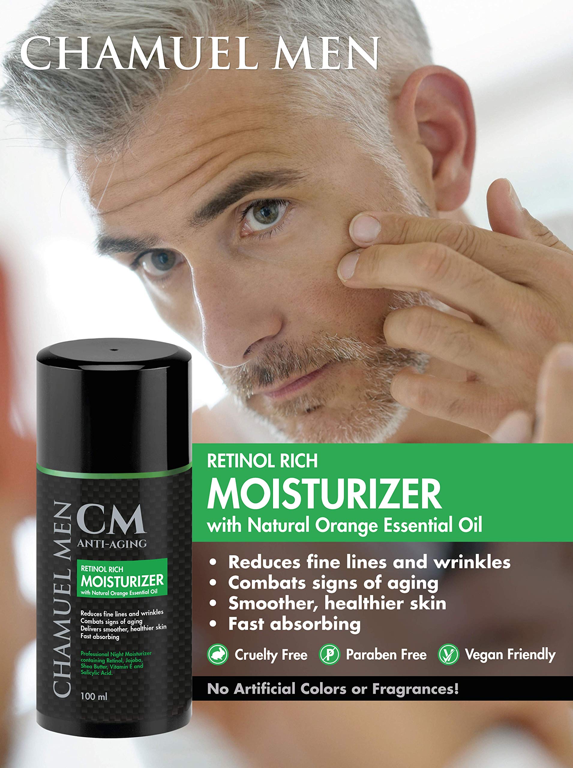 CHAMUEL MEN vitaminas A y C para tono y luminosidad de la piel.