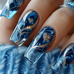 CHAONENG uñas falsas gradiente azul con brillo para un estilo elegante.