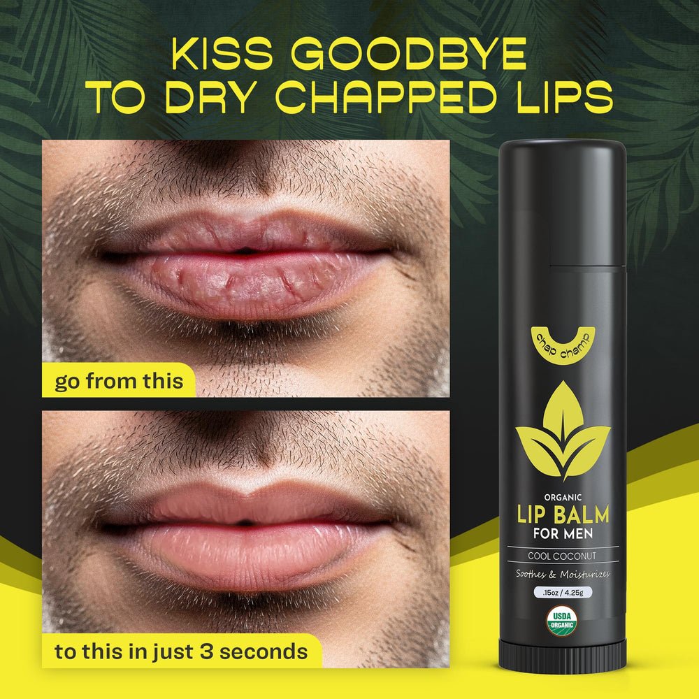 ChapChamp bálsamo labial para hombres, frente, sabor coco suave.