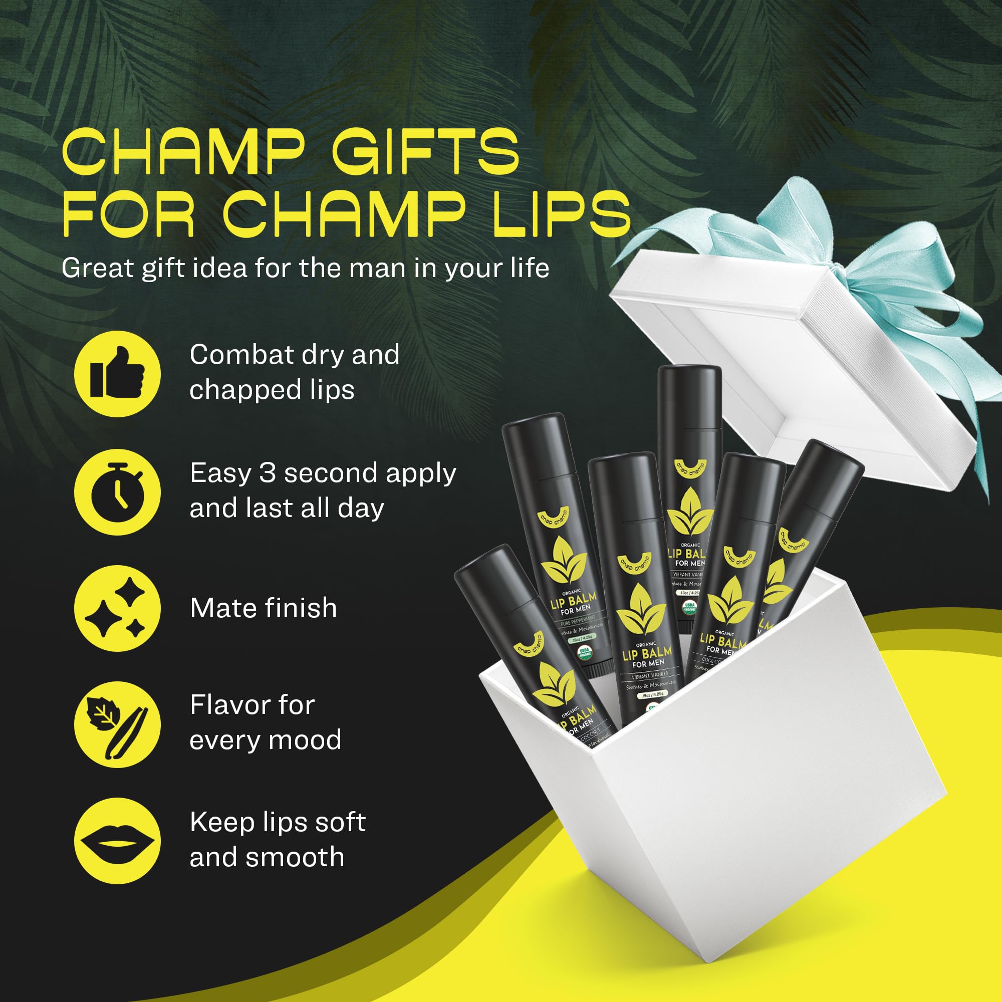 ChapChamp bálsamo labial para hombres, frente, hidratación ligera con vainilla.