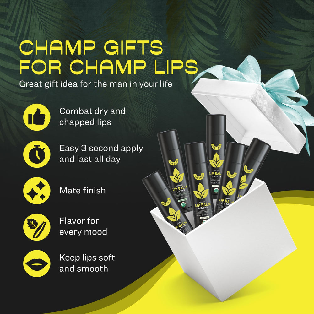 ChapChamp bálsamo labial para hombres, frente, hidratación ligera con vainilla.