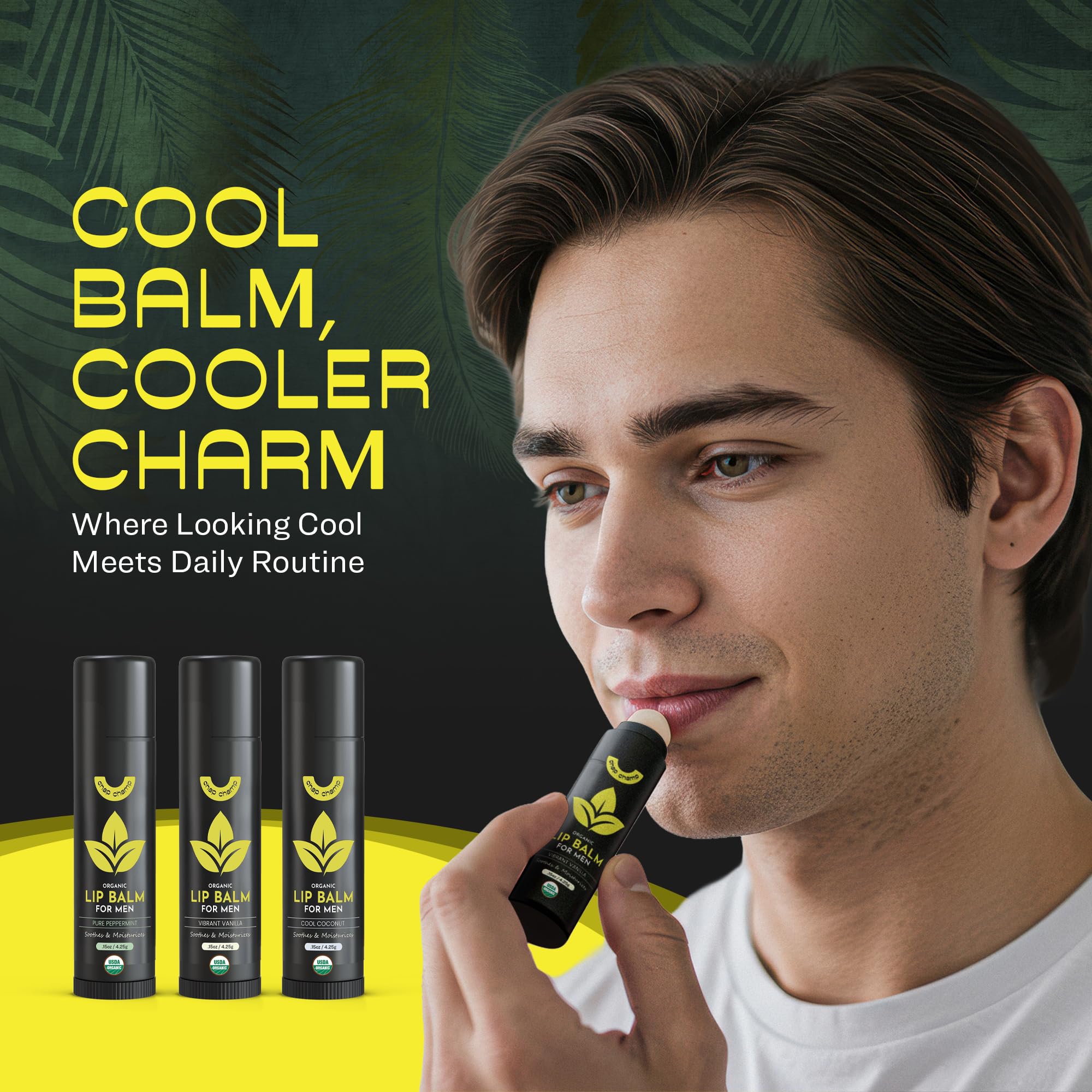ChapChamp bálsamo labial para hombres, perfil, protección diaria sin grasa.