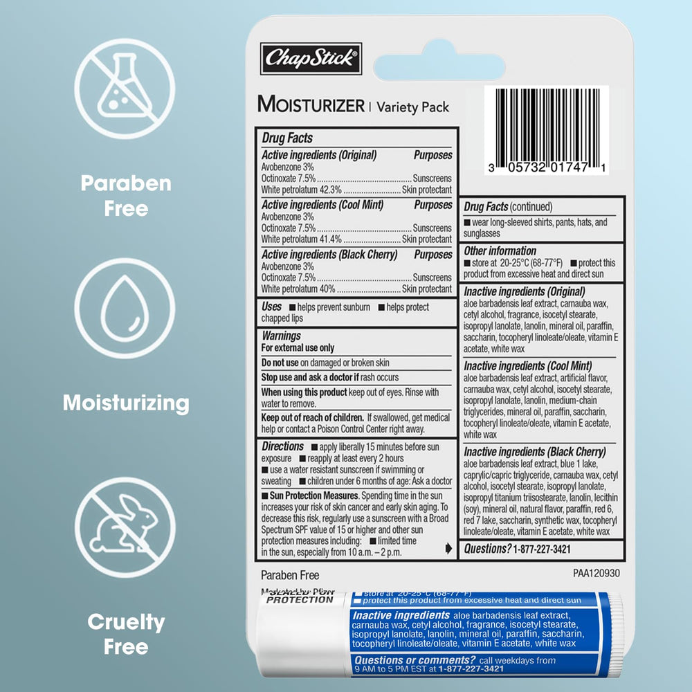 Pack de cinco bálsamos ChapStick para cuidado diario.