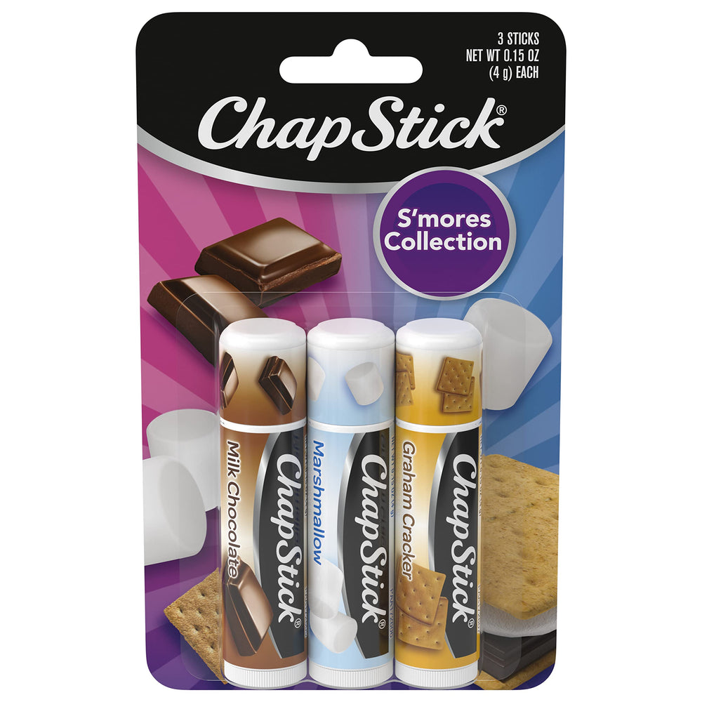 ChapStick S'mores coleccion tres tubos: hidratación diaria y sabor equilibrado.