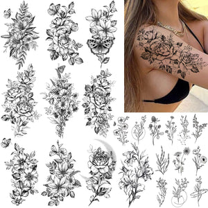 CHARLENT rosas grandes: tatuaje temporal de negro intenso para looks llamativos y duraderos.