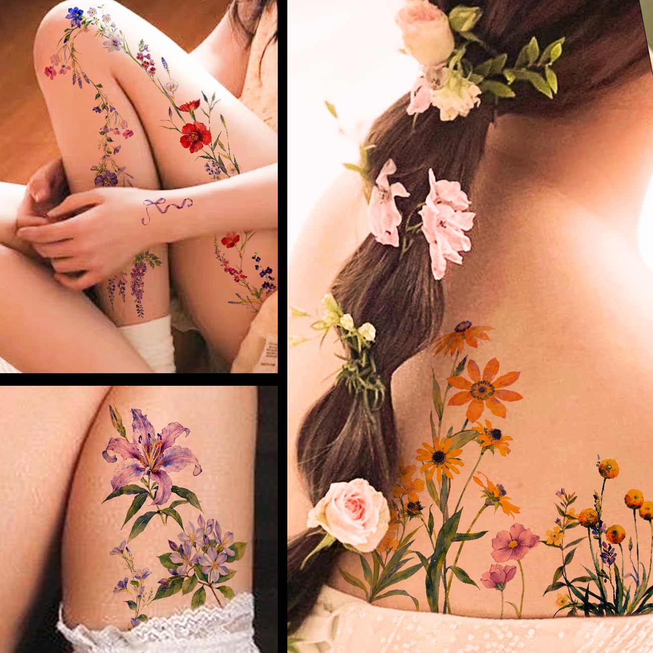 CHARLENT tatuajes ramo floral acuarela: detalle suave para cuello.