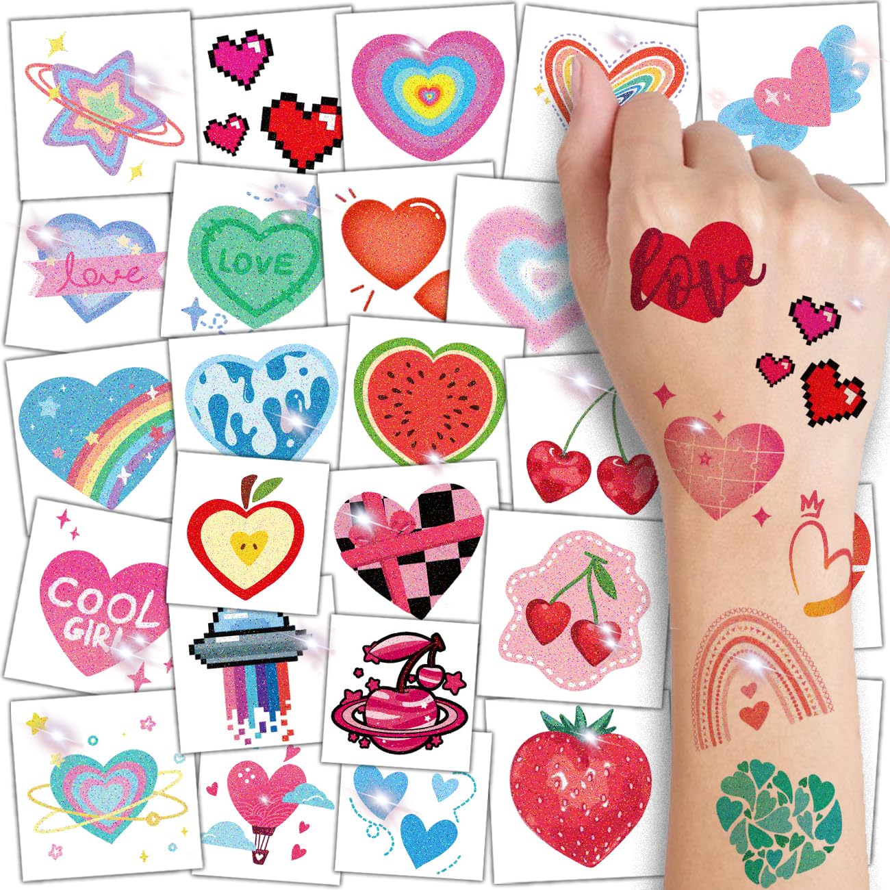Tatuajes temporales CHARLENT de corazones brillantes 74 hojas para decorar fiestas.