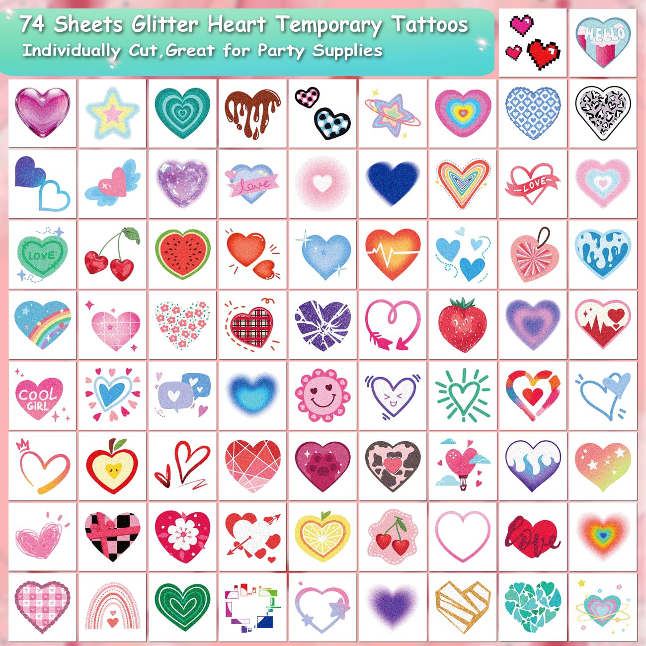 Tatuajes CHARLENT con corazones glitter y brillo para looks festivos.