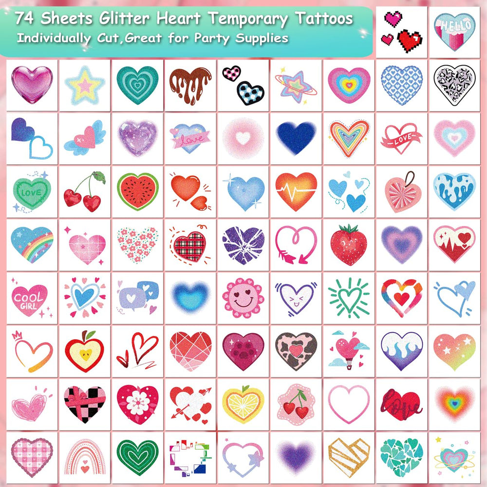 Tatuajes CHARLENT con corazones glitter y brillo para looks festivos.