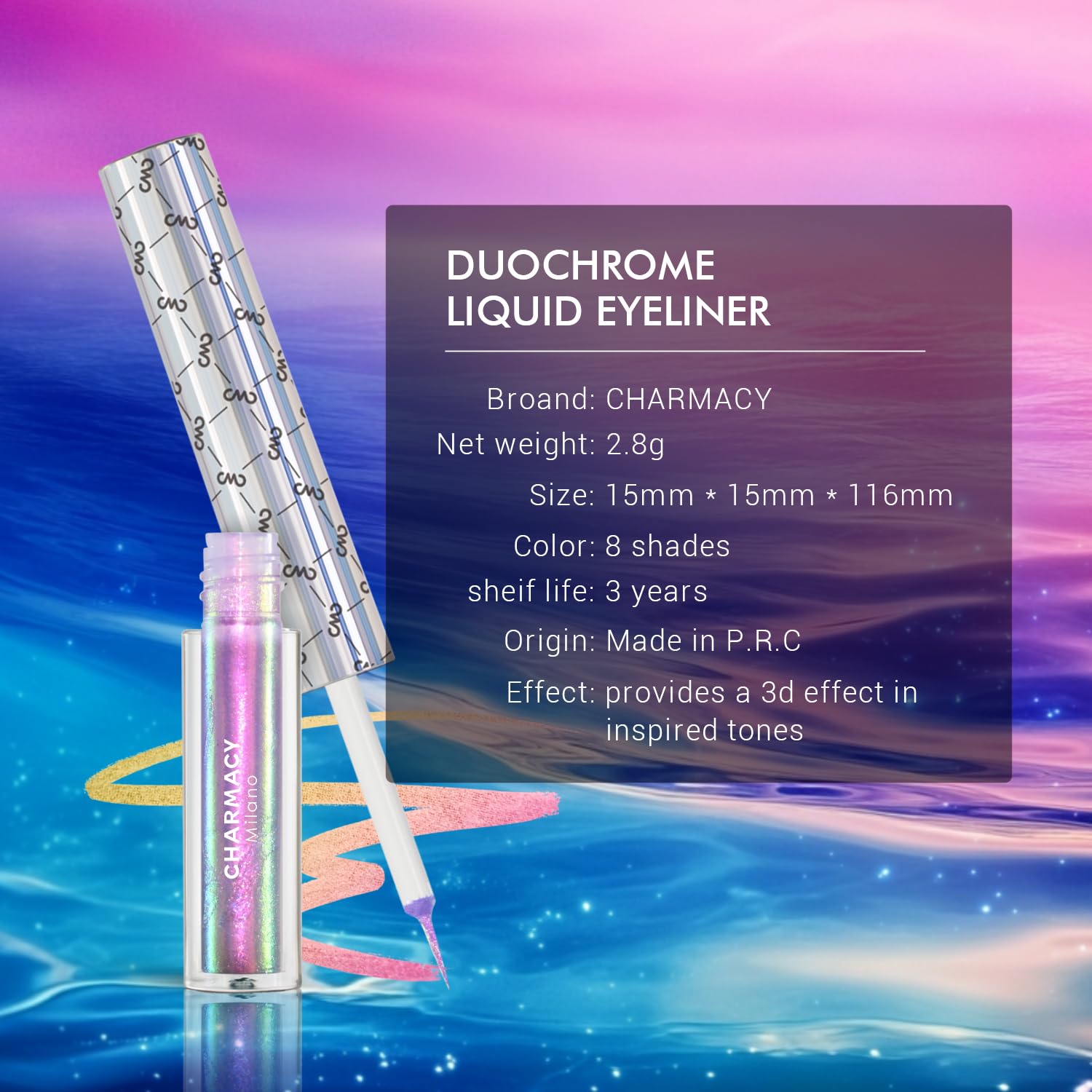 CHARMACY delineador líquido, punta ultra precisa para líneas nítidas.