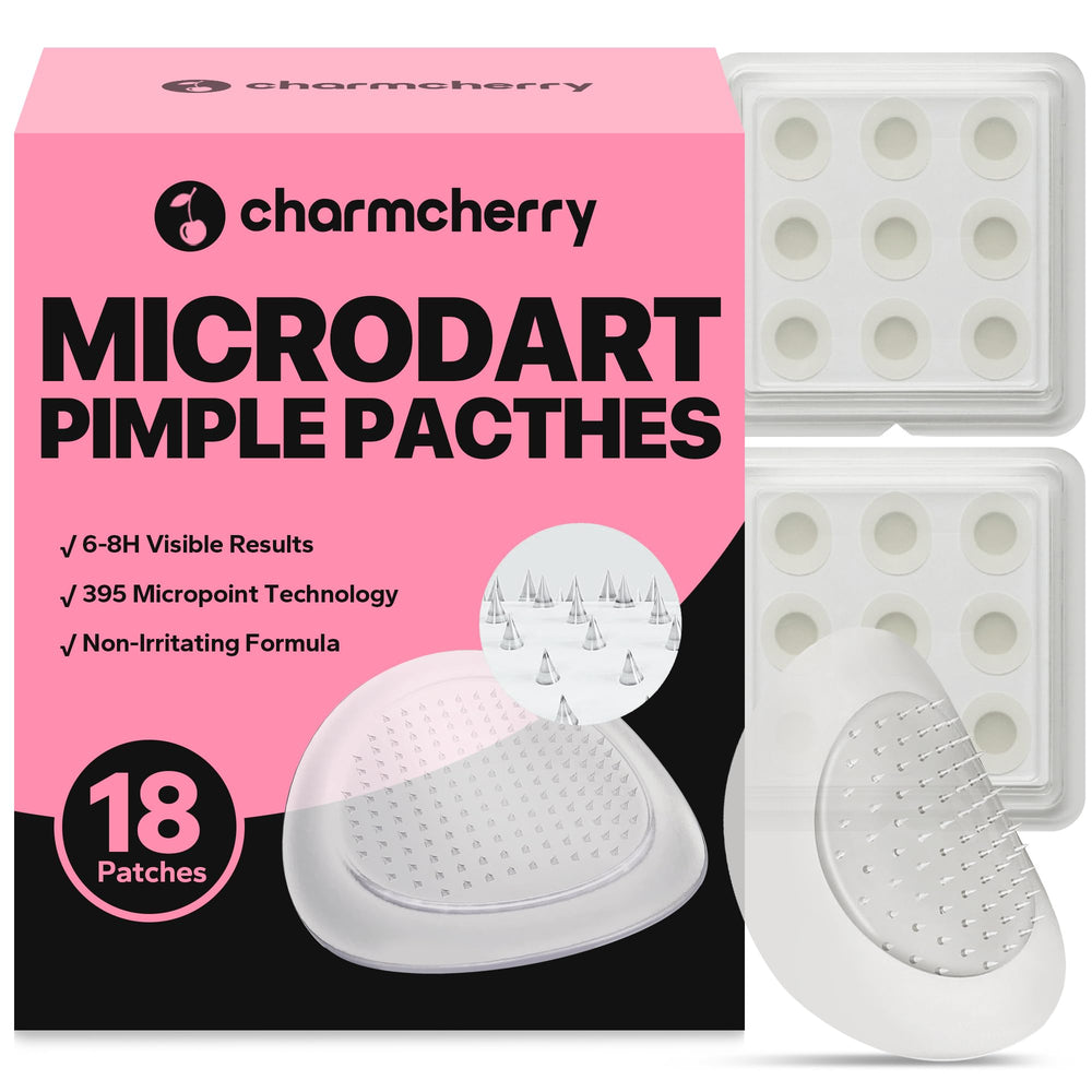 CharmCherry parche acné con microdardo, primer plano del diseño ergonómico para piel sensible