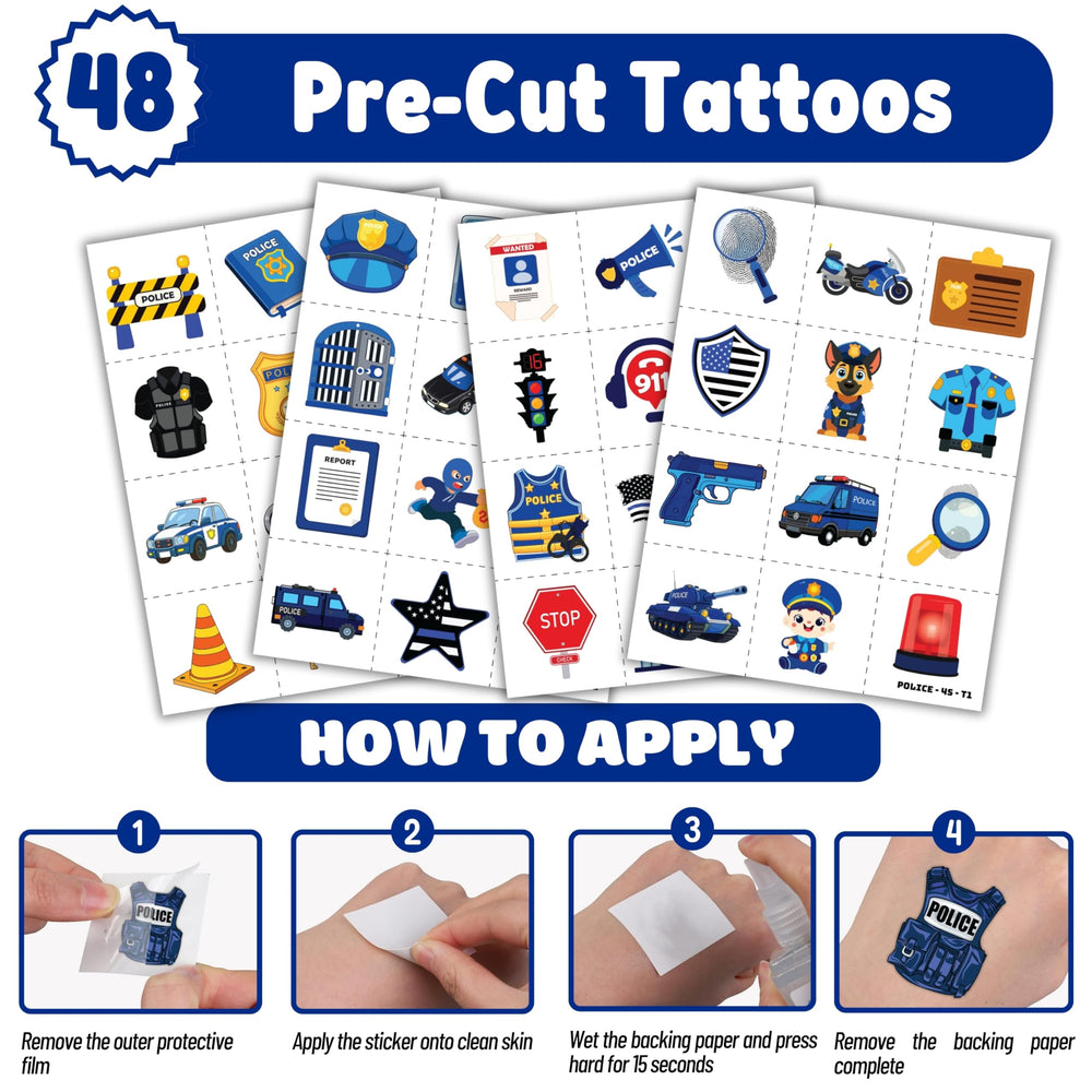 Cherisnowy tatuajes temporales con temática policial para diversión segura.