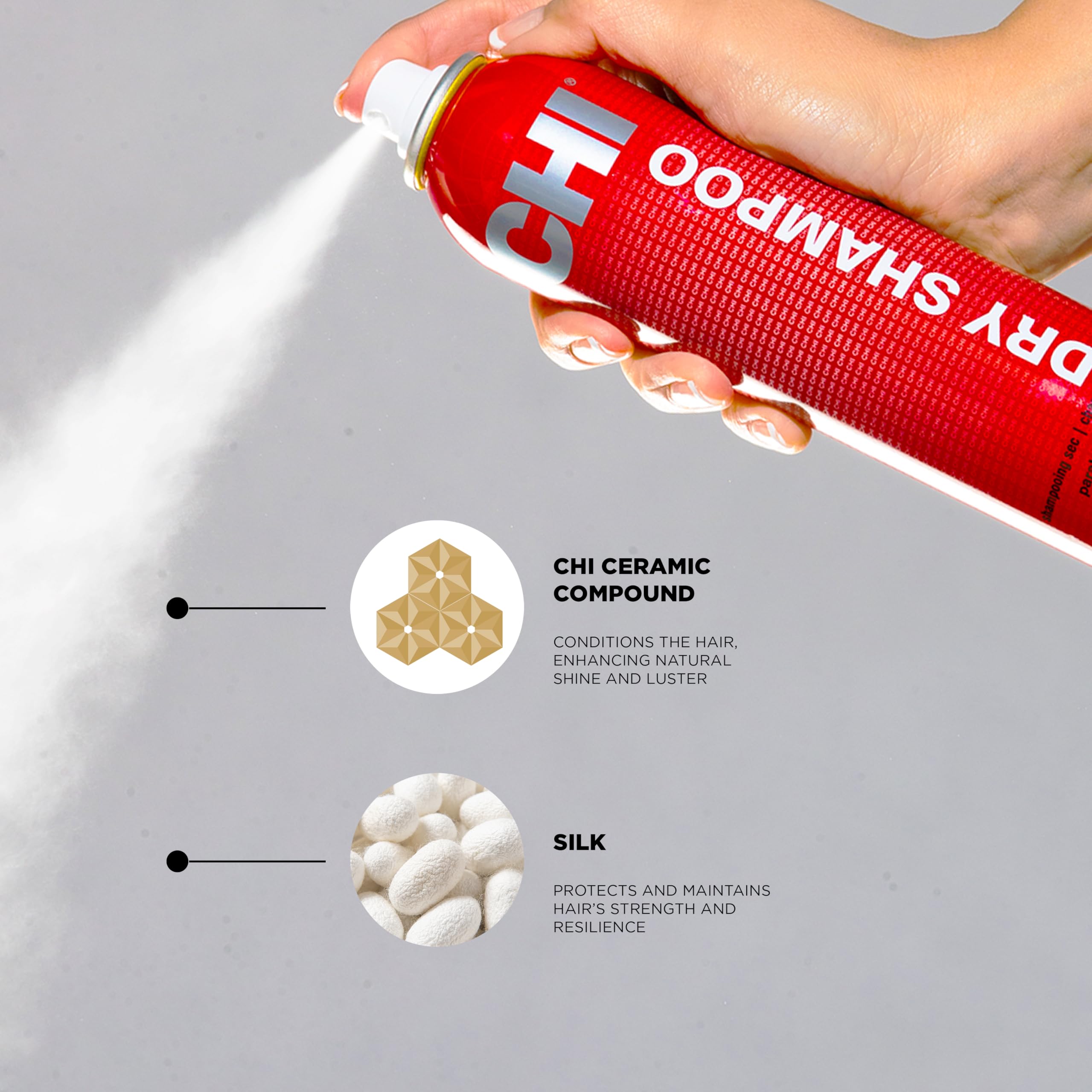 CHI Dry Shampoo rociado en raíces para un aspecto limpio y fresco.