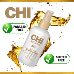 CHI Keratin, aplicación en cabello mojado para peinado suave.