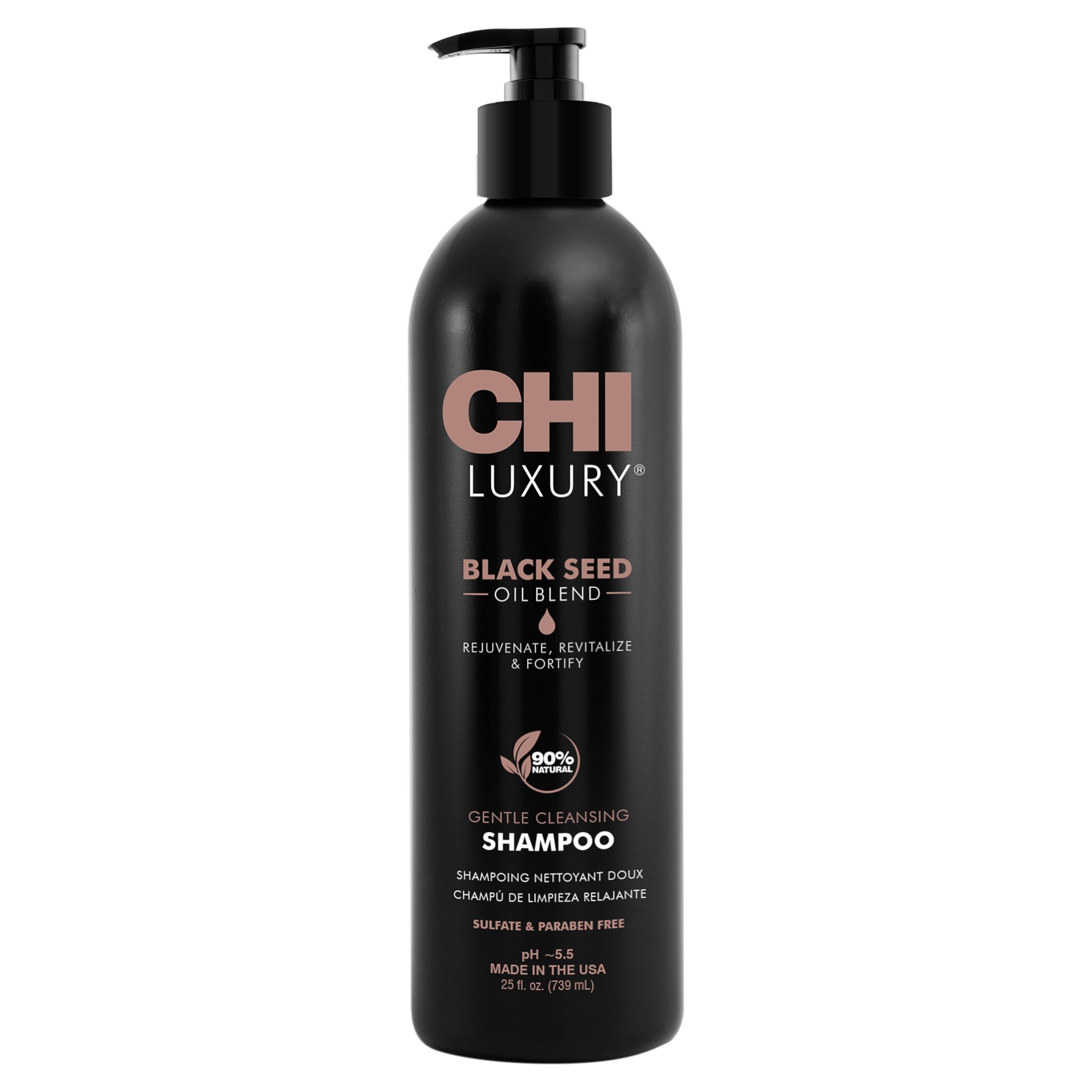CHI Aceite de Semilla Negra, botella frontal para experiencia de lavado lujosa.