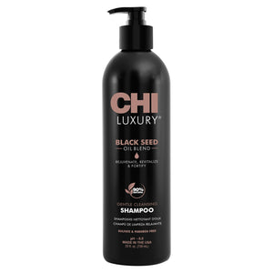 CHI Aceite de Semilla Negra, botella frontal para experiencia de lavado lujosa.