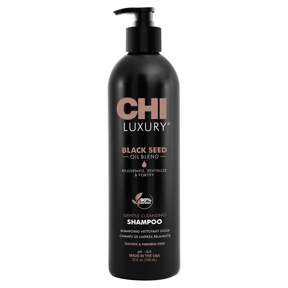CHI Aceite de Semilla Negra, botella frontal para experiencia de lavado lujosa.