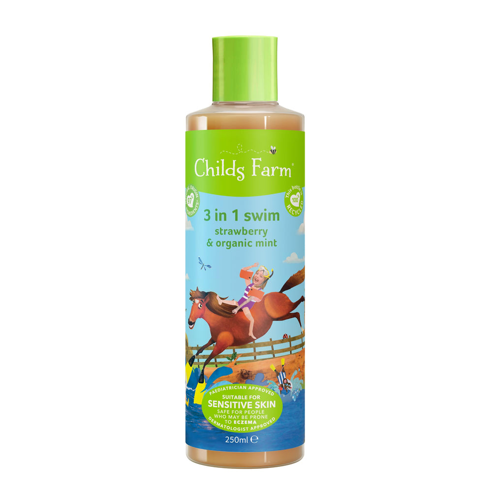 Childs Farm 3 en 1 para niños, botella visible, aroma a fresa y menta, uso diario.