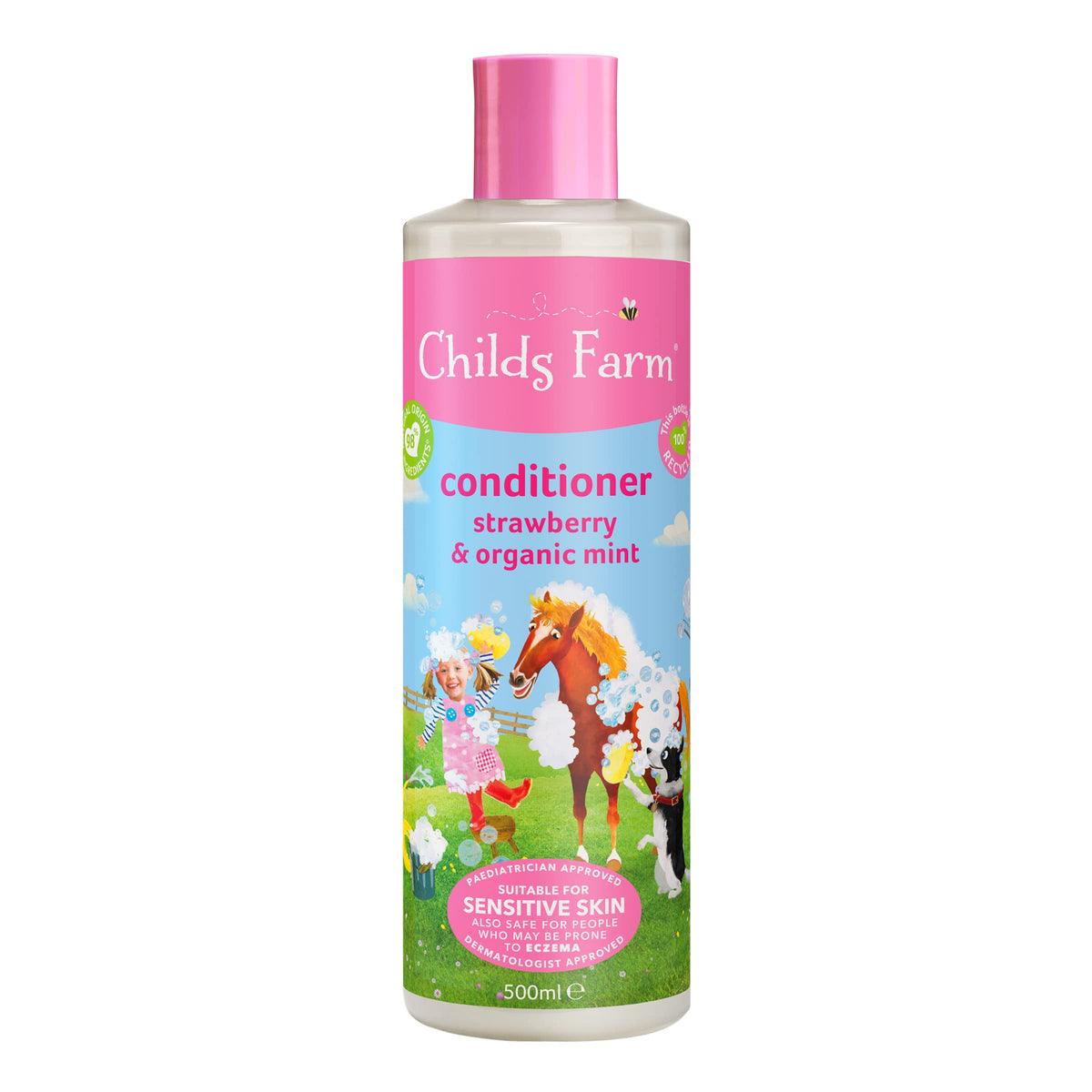 Acondicionador Childs Farm para niños, fresa y menta, suaviza rizos y cuida piel sensible.