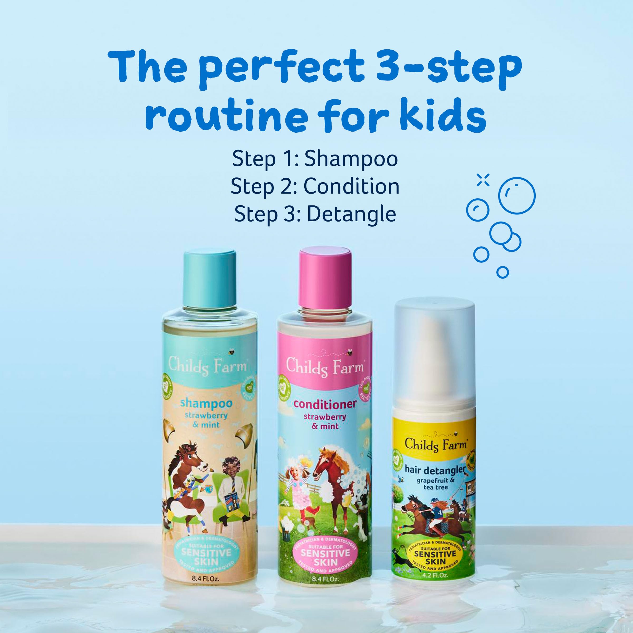 Childs Farm desenredante infantil, ideal para las mañanas escolares y la rutina de peinado.