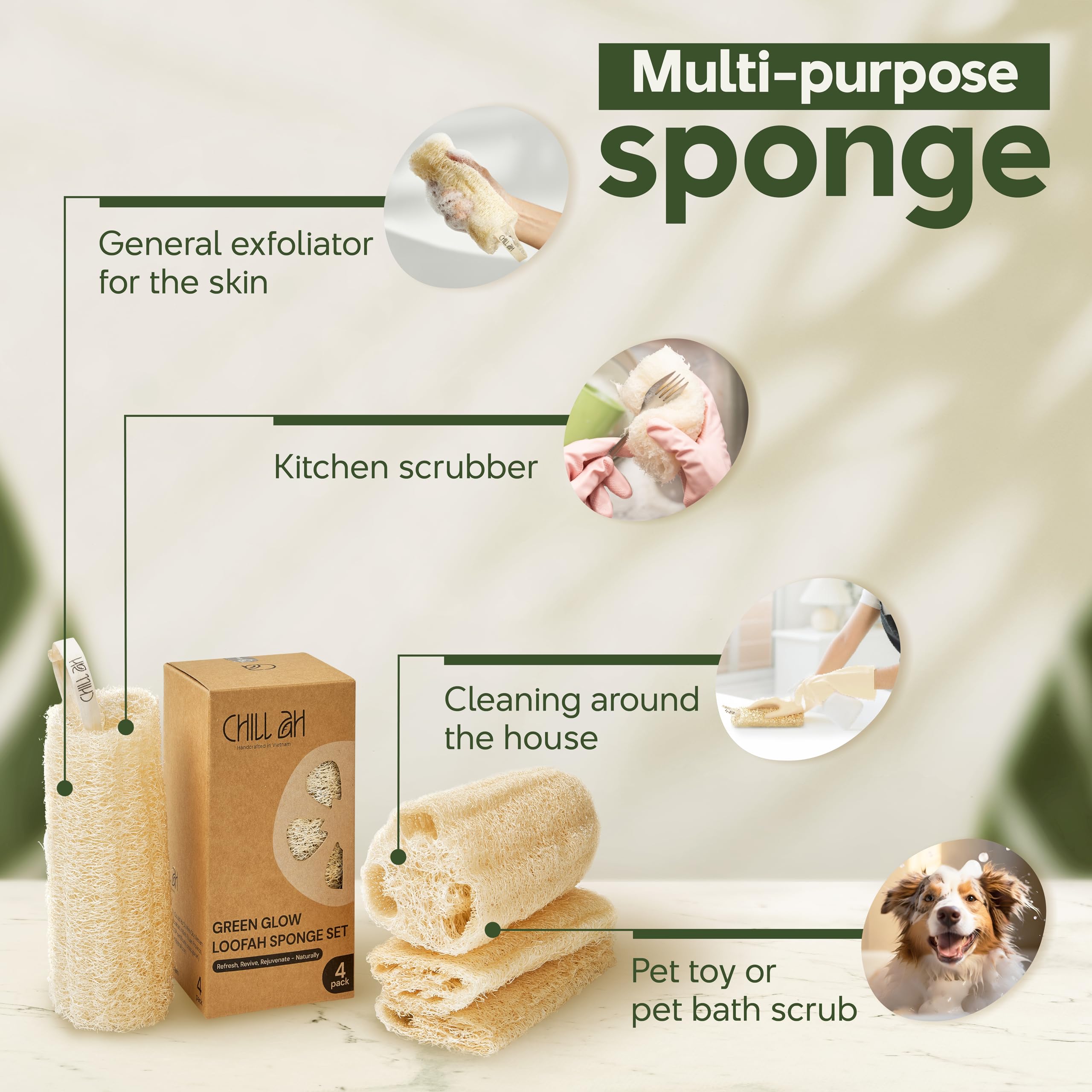 Chill Ah esponja lufa hecha en Vietnam, aporta textura agradable para exfoliar.